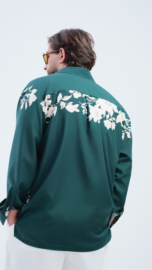 CĂMAȘĂ VERDE SMARALD CU PRINT FLORAL ALB