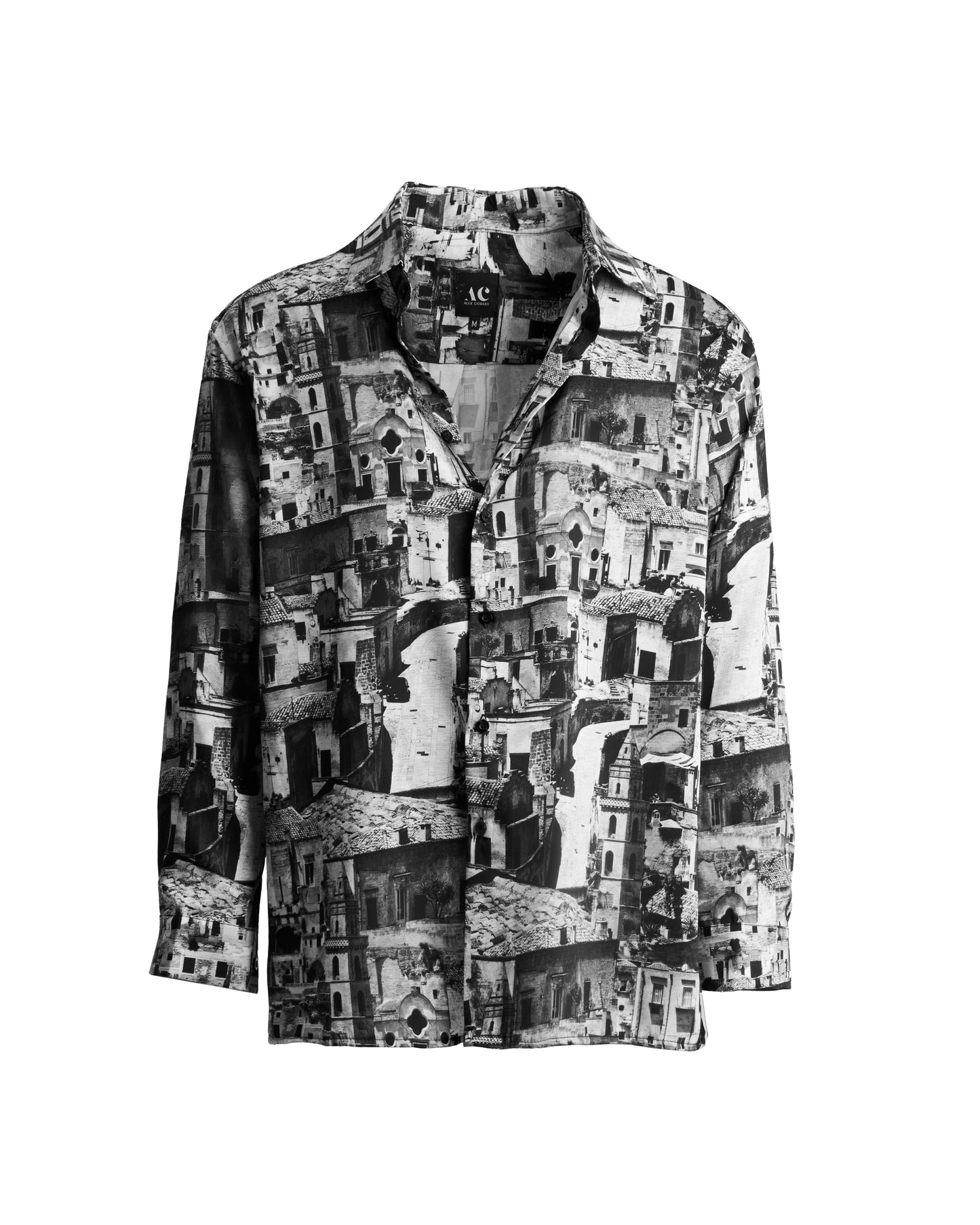 Cămașă alb-negru cu imprimeu arhitectural monocrom