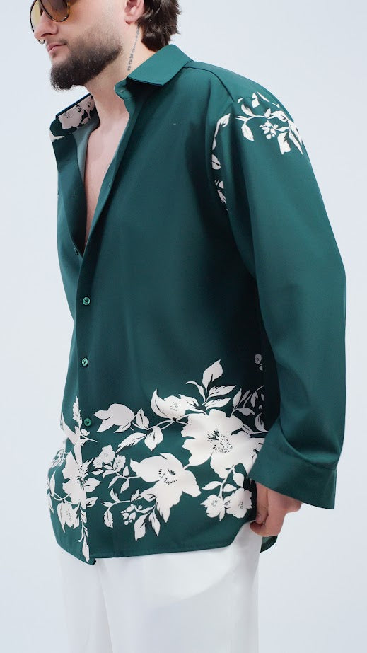 CĂMAȘĂ VERDE SMARALD CU PRINT FLORAL ALB